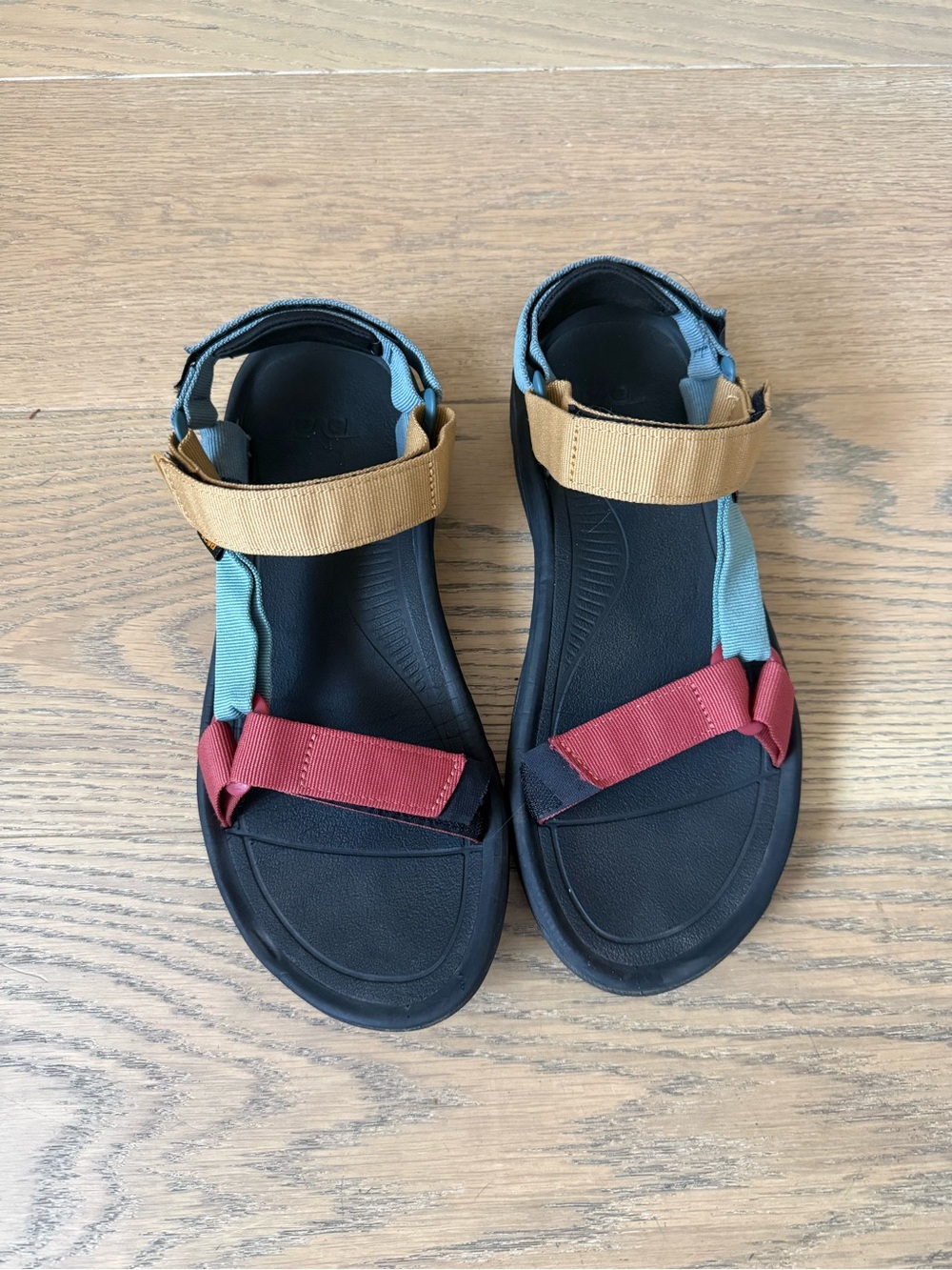 Teva Multicolor Webbing Sandals — #35 black tooth ith Teal, Mustard & Red Straps